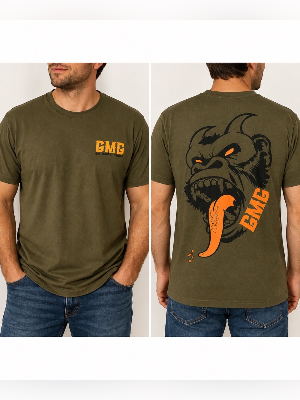 Gas Monkey Garage Men’s Olive Gorilla Back Graphic T-Shirt Medium